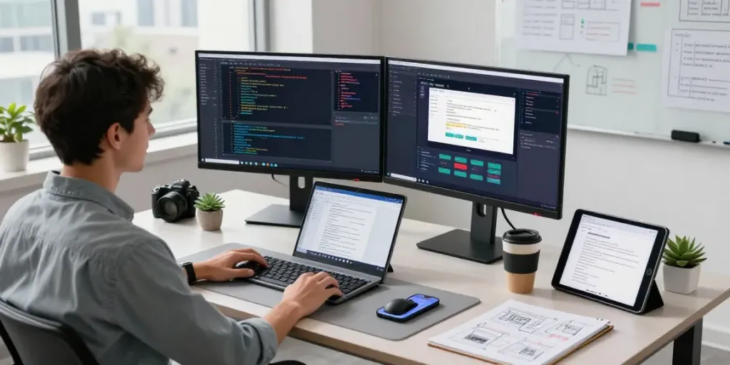 Pengembang perangkat lunak bekerja di meja modern dengan Server PG dan alat desain, suasana produktif.