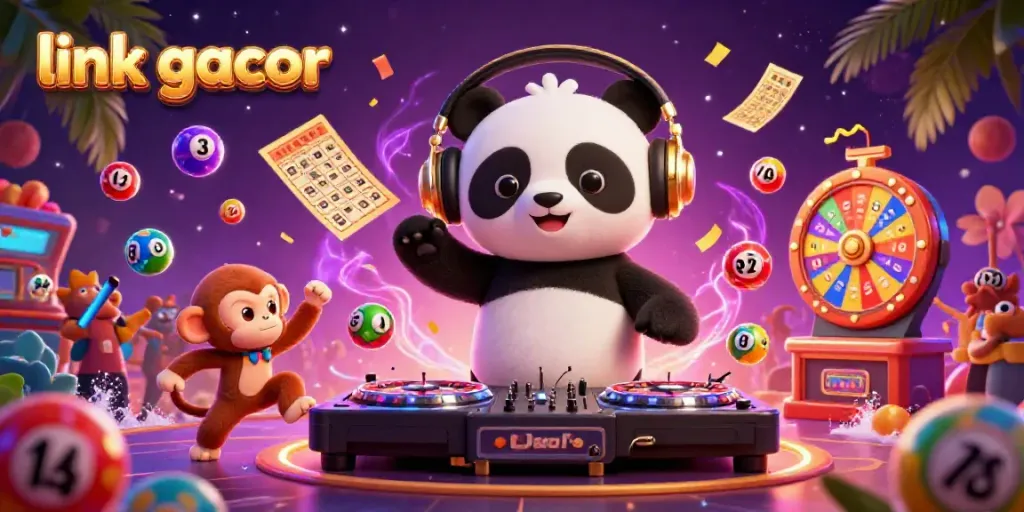 Experience the excitement of "link gacor" in this vibrant 3D casino scene with a dancing DJ panda, monkey, and kitten.