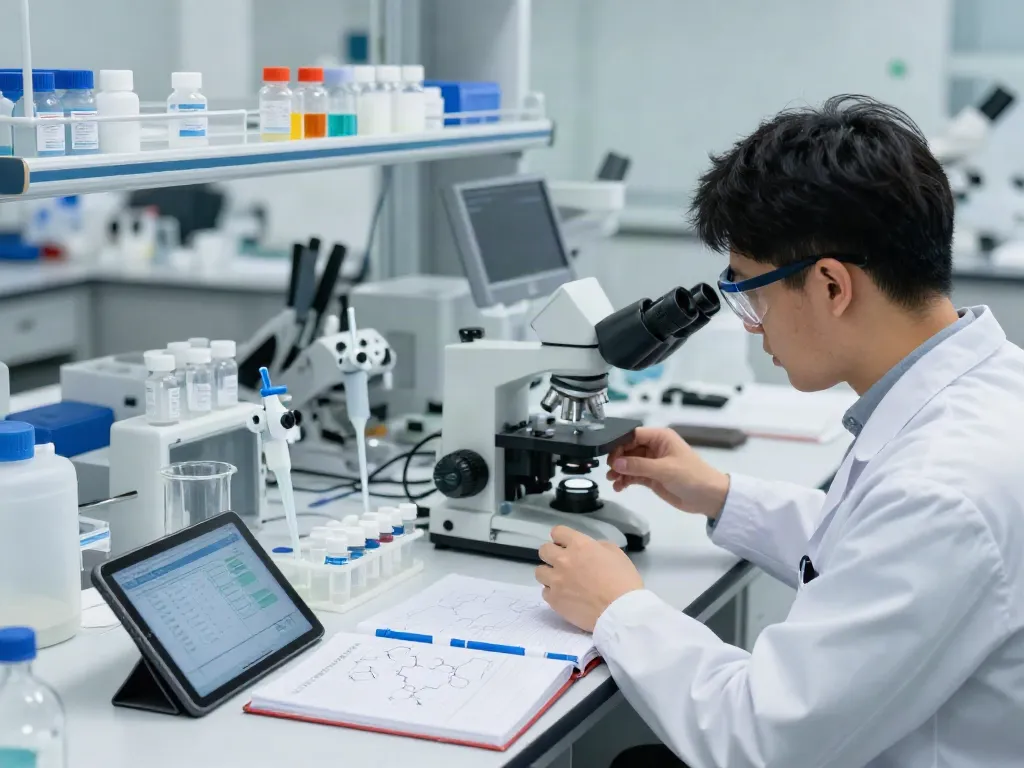 Scientist analyzing mg peptides in a research laboratory with modern equipment.