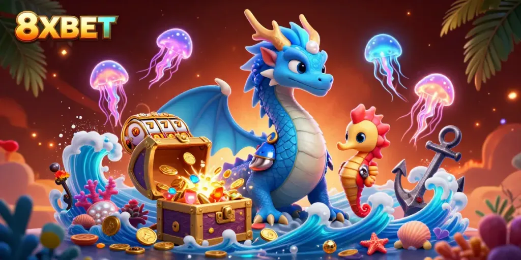 Experience the excitement of 8XBET with a dynamic illustration of a casino-themed underwater adventure featuring mythical creatures and gaming elements.