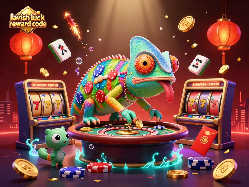 Engage with Lavish Luck reward code in an exciting 3D casino scene featuring vibrant characters and game elements.
