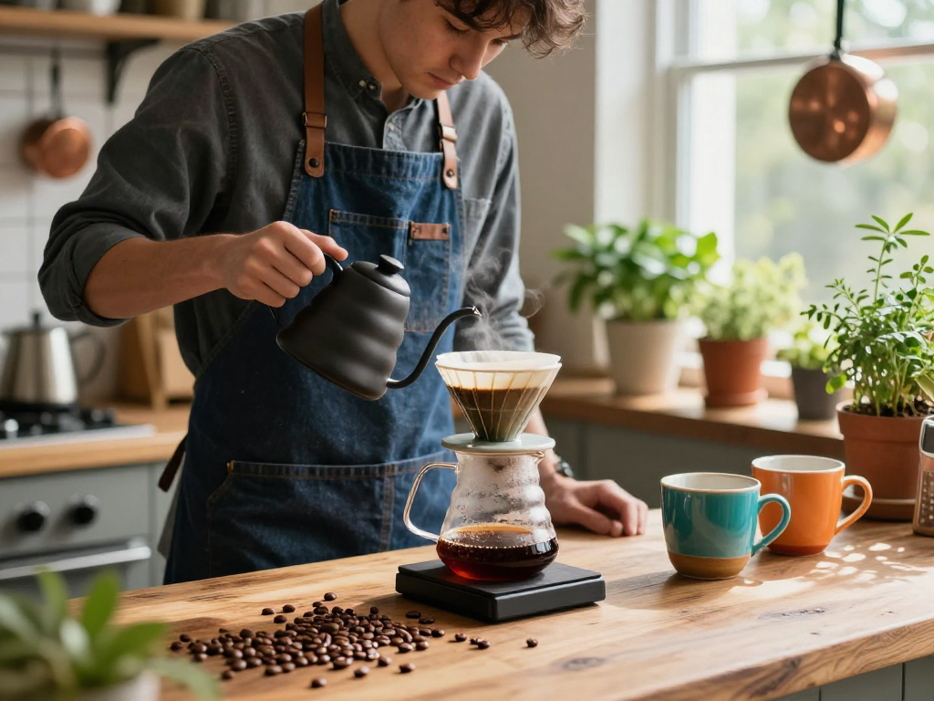 Barista brewing pour-over coffee with Ebb filters at www.ebbfilter.com in a sunny kitchen.