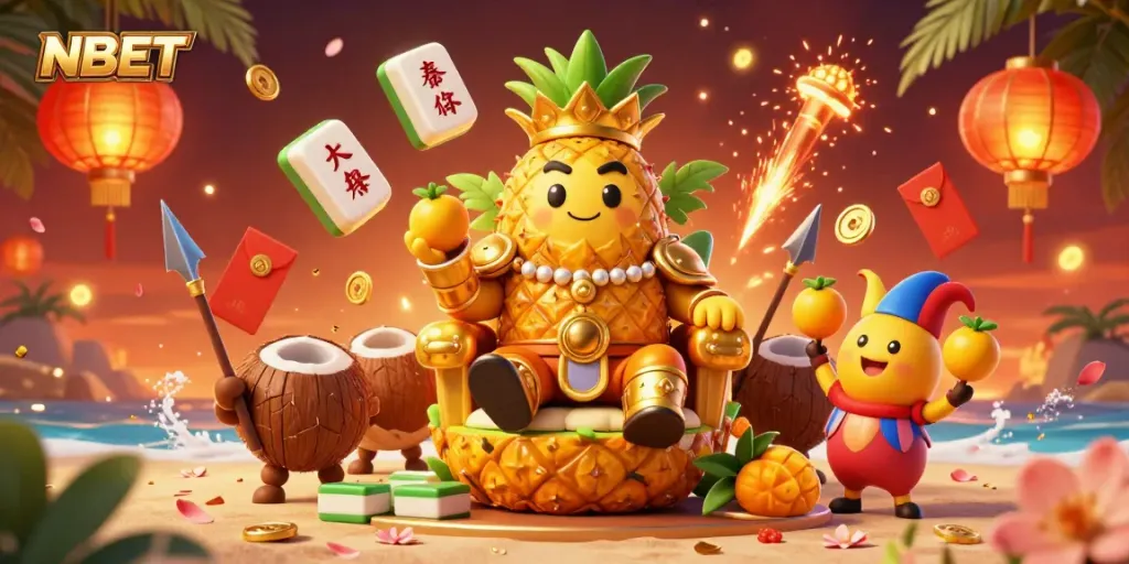 Engage with NBET’s vibrant casino scene featuring a golden pineapple king with dynamic game elements.