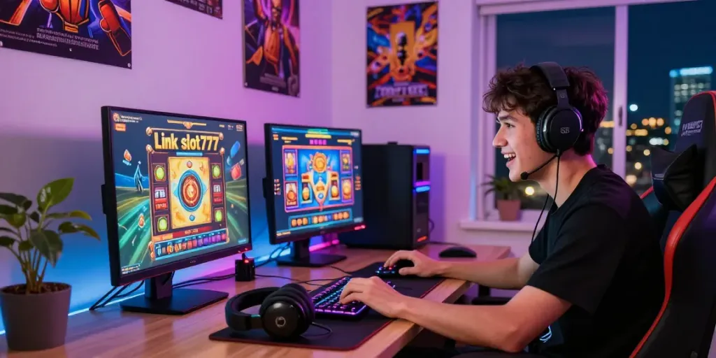 Exciting gaming environment with a player focused on link slot777 on computer, vibrant LED lighting, gaming gear and cityscape.