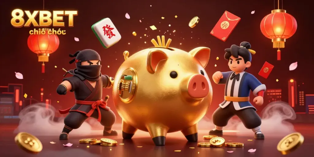 Engaging and vibrant scene featuring 8XBET chính thức with a piggy bank wrestler and ninja, surrounded by dynamic gaming elements.