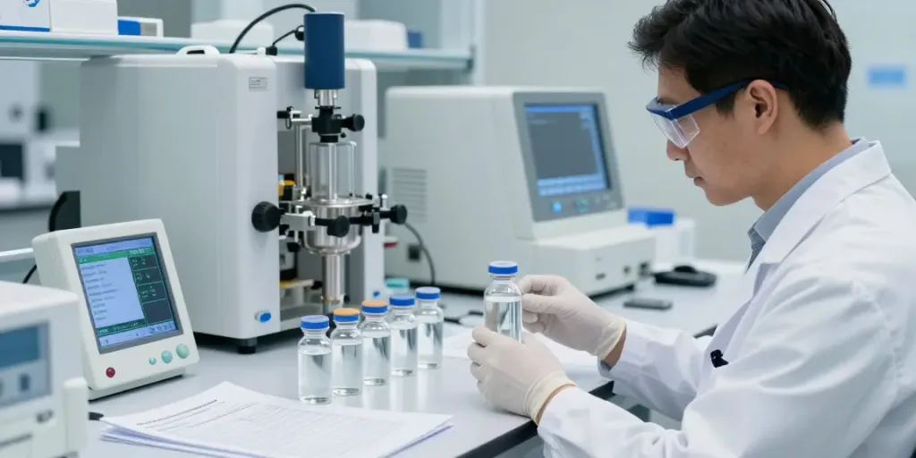 American made peptides in a modern lab setting with quality control processes.