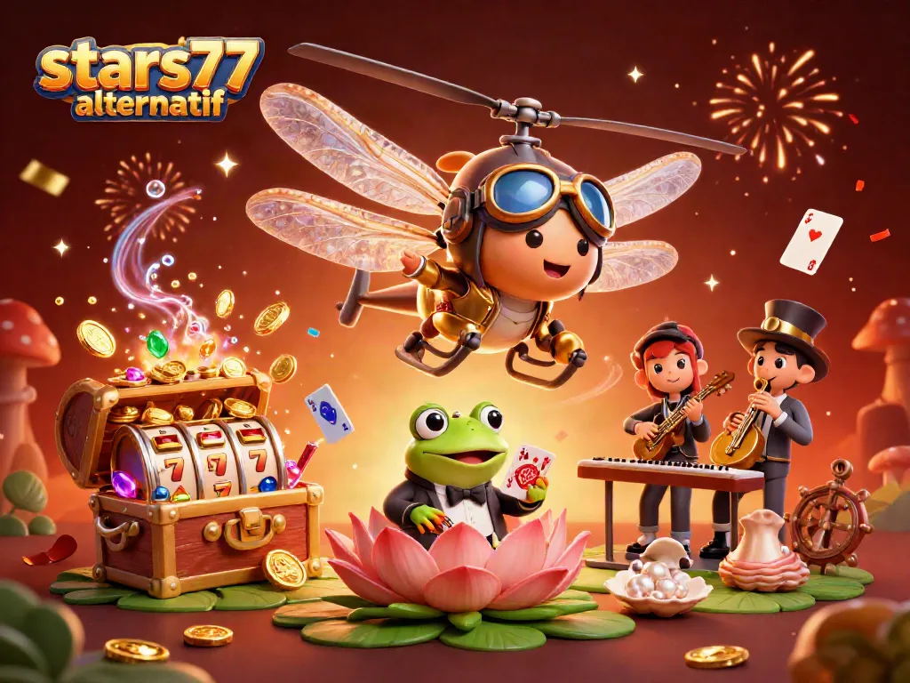 Permainan slot di stars77 alternatif dengan dealer katak dan pilot capung, suasana meriah.