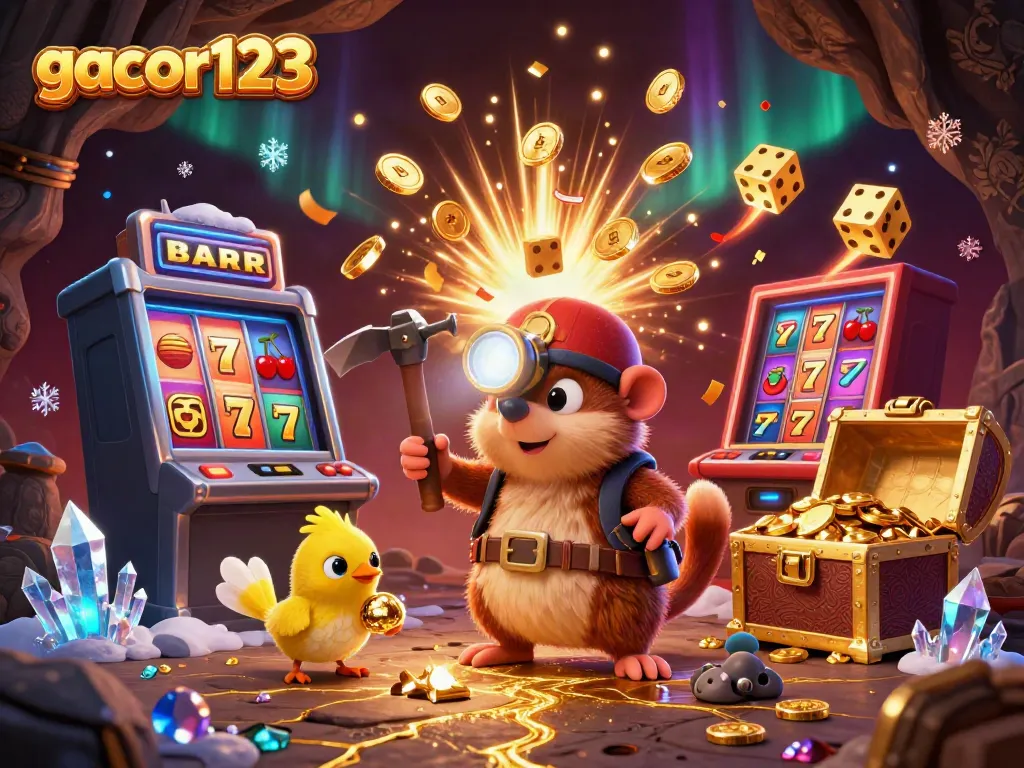 Experience thrilling jackpots at gacor123 with a 3D illustration of vibrant casino excitement.