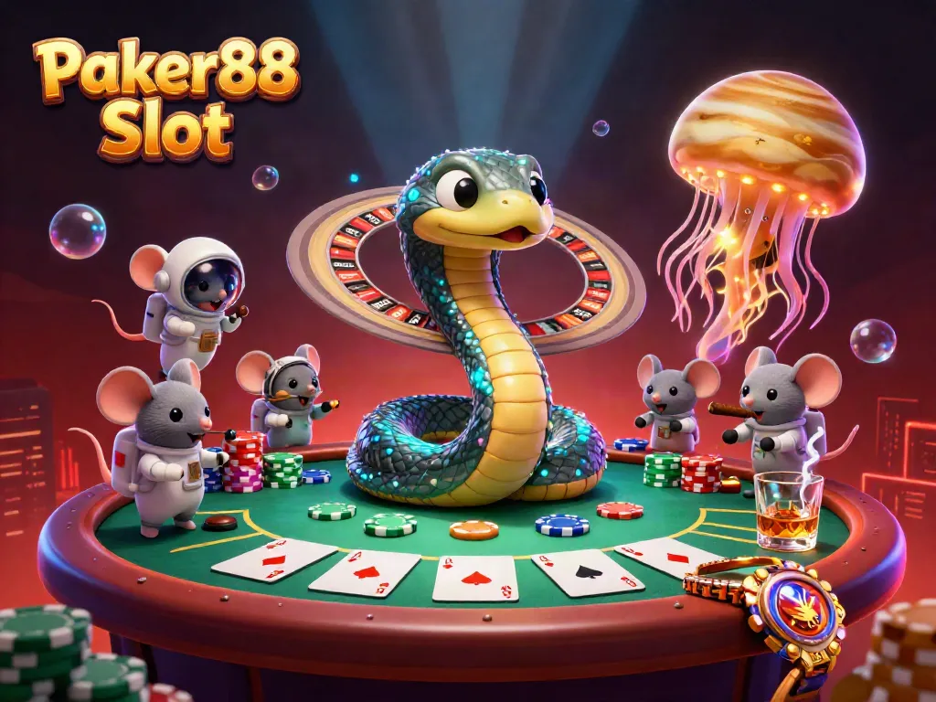 Engage with the vibrant Poker88 Slot scene filled with fun cartoon elements, cosmic characters, and lively casino action.