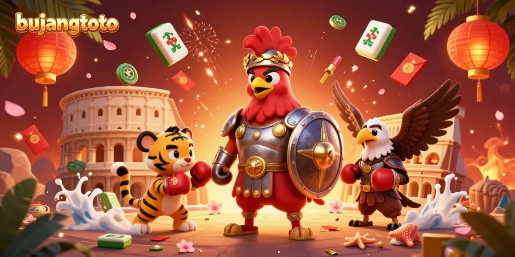 Bujangtoto offers an exciting gaming experience with cartoon characters in a vibrant arena surrounded by festive elements.