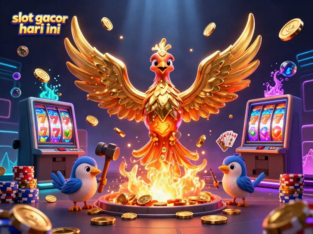 Experience the excitement of slot gacor hari ini with vibrant 3D illustrations of golden phoenix, coins, and slot reels.