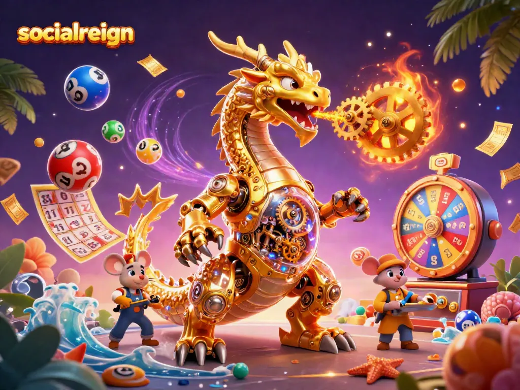 Engage with socialreign's dynamic casino world, featuring a golden dragon and vibrant game elements.