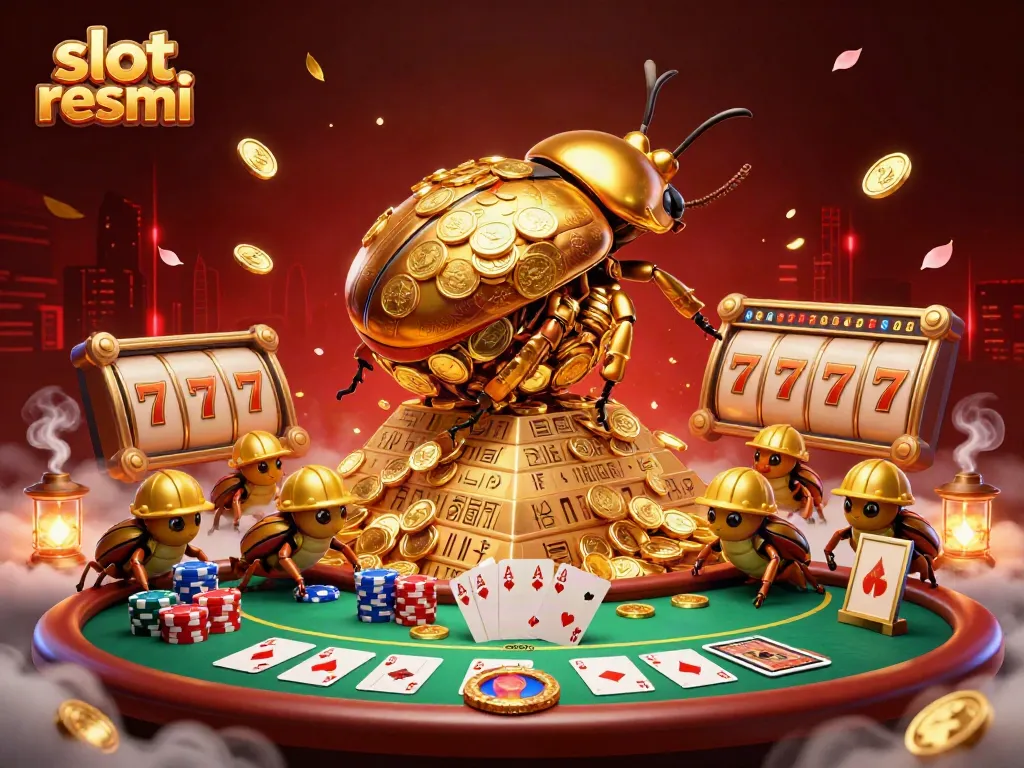 Experience slot resmi with a golden dung beetle rolling coins up a jackpot-filled pyramid.