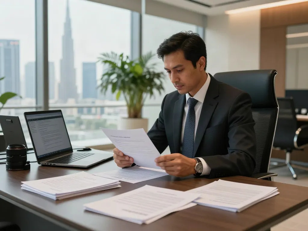 Power of Attorney in Dubai consultation with legal expert reviewing documents in modern office.