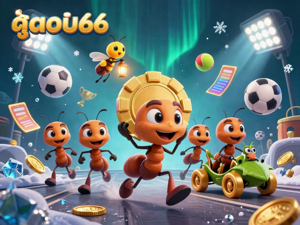 Experience the thrill of ดูบอล66 with 3D cartoon ants on a heist amid vibrant sports elements!