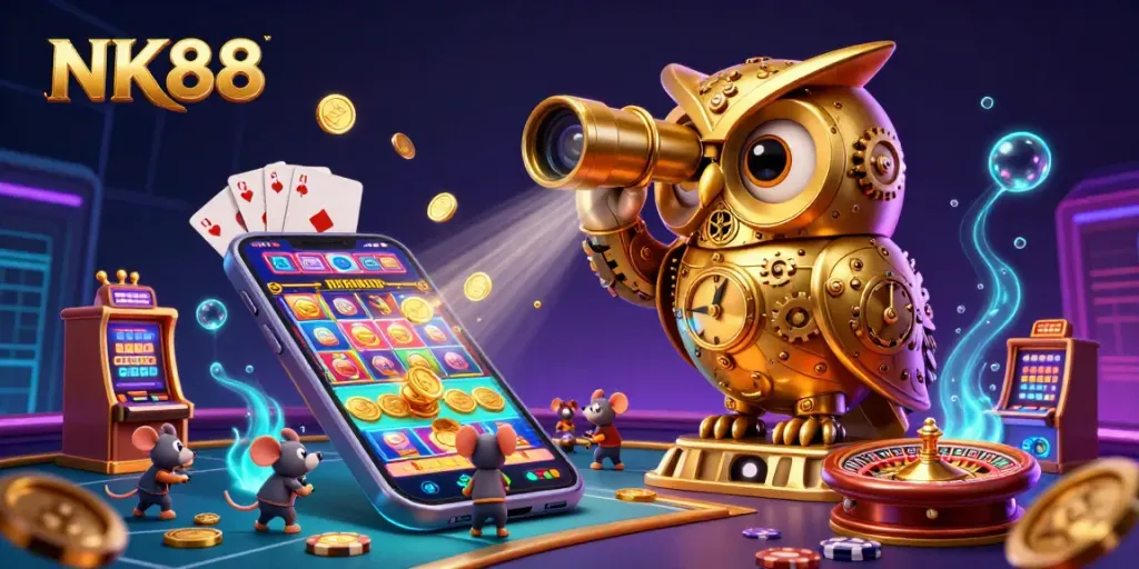 Play interactive casino games with NK88 featuring an owl with gear-driven elements and dynamic slots.