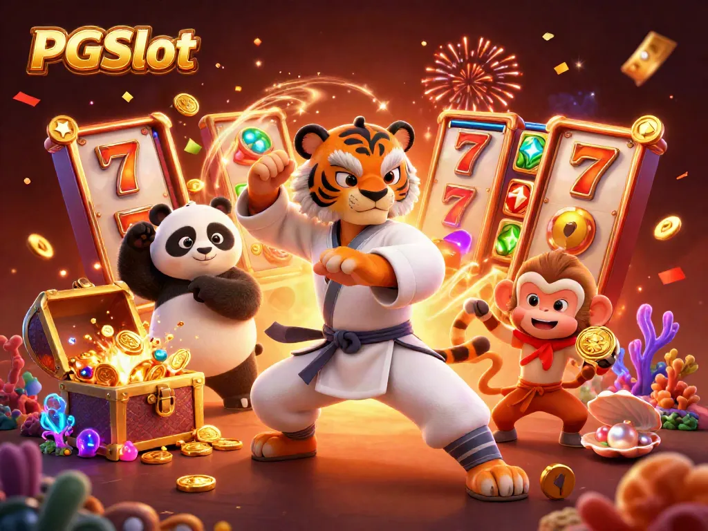 Experience the thrill of PGSlot with dynamic gaming action, vibrant symbols, and captivating characters in a lively casino setting.