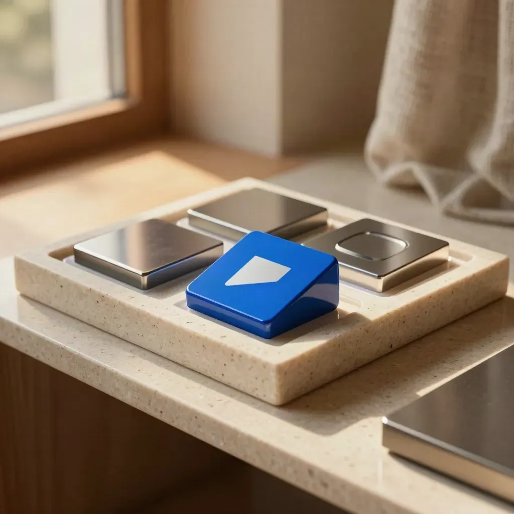 Glossy app icon tiles in a stone tray, one electric-blue symbol front and center, warm studio light.