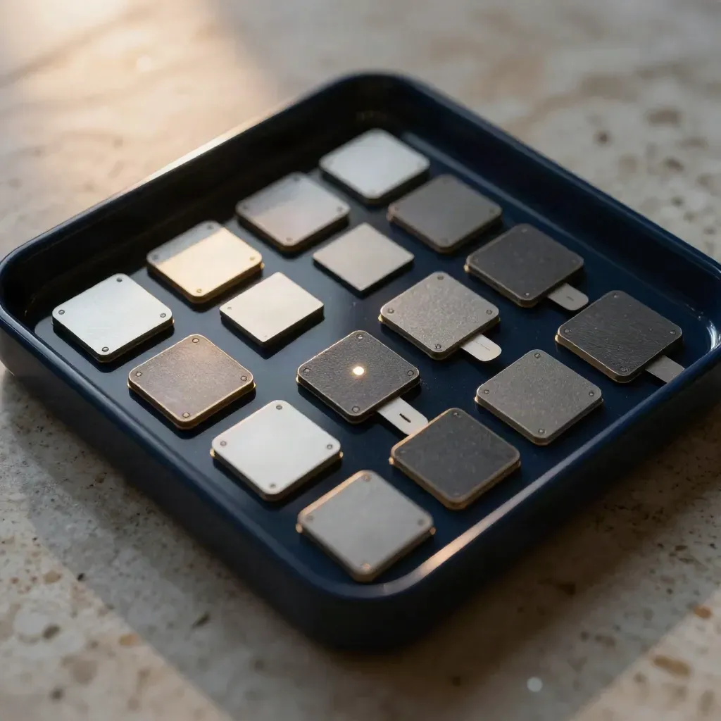 Tiny favicon chips in a lacquer tray on travertine, one chip catching edge light.