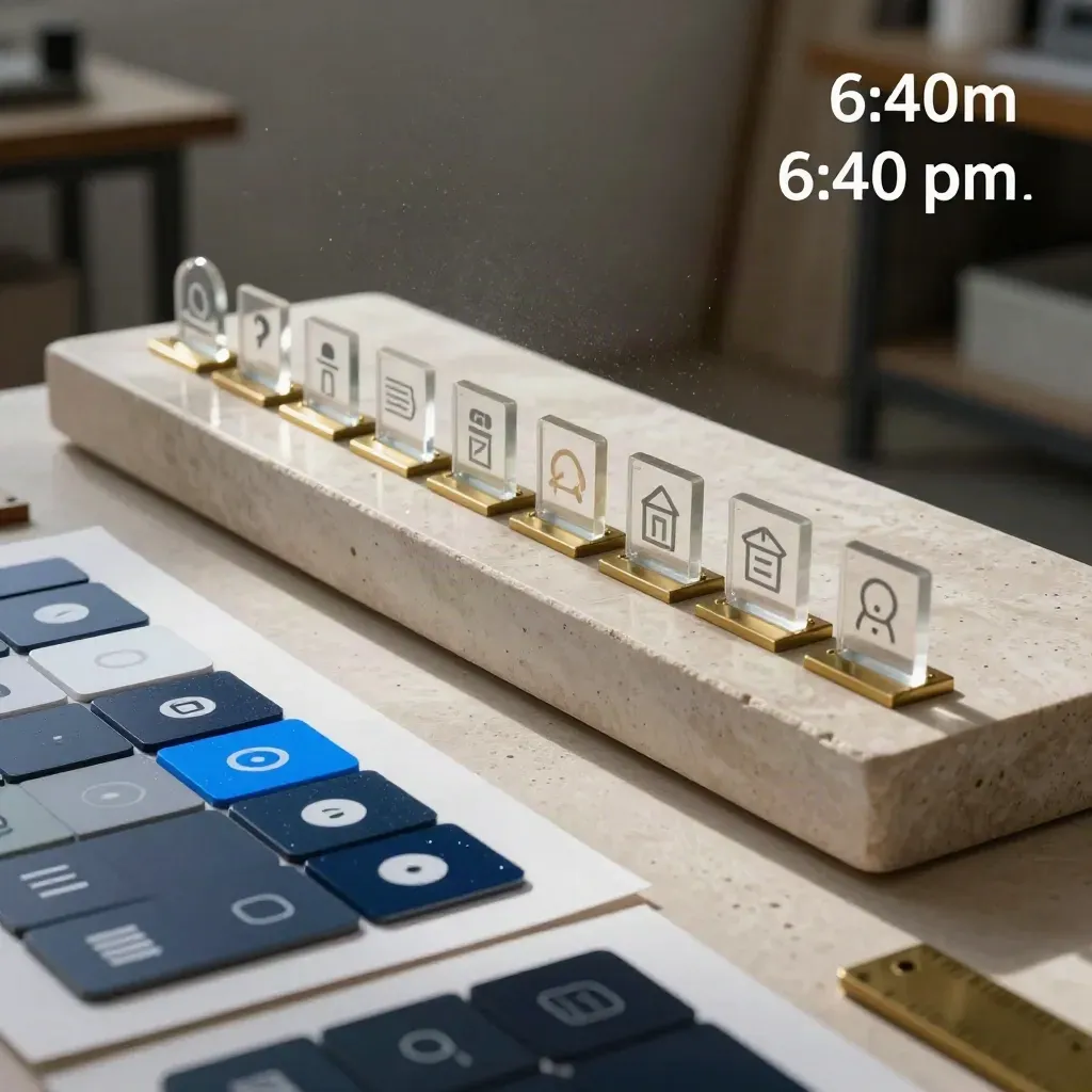 Premium icon studio bench with acrylic glyphs, brass blocks, paper proofs, and app tiles.