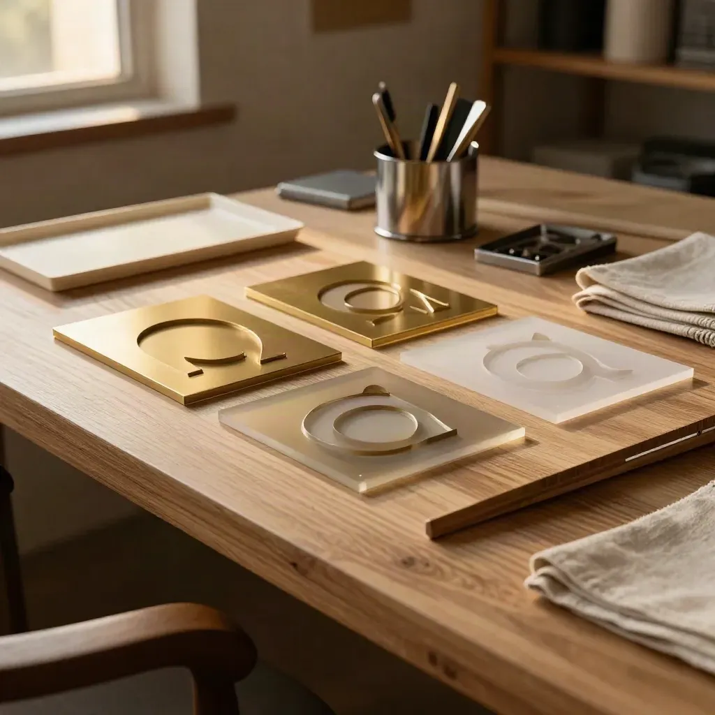 Icon studio bench with brass, paper and acrylic brand marks sorted by form in warm window light
