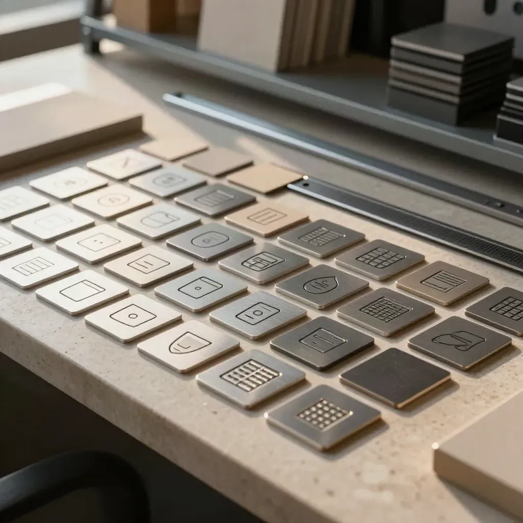 Brushed aluminum UI icon plaques arranged on limestone with silver swatches and studio tools.