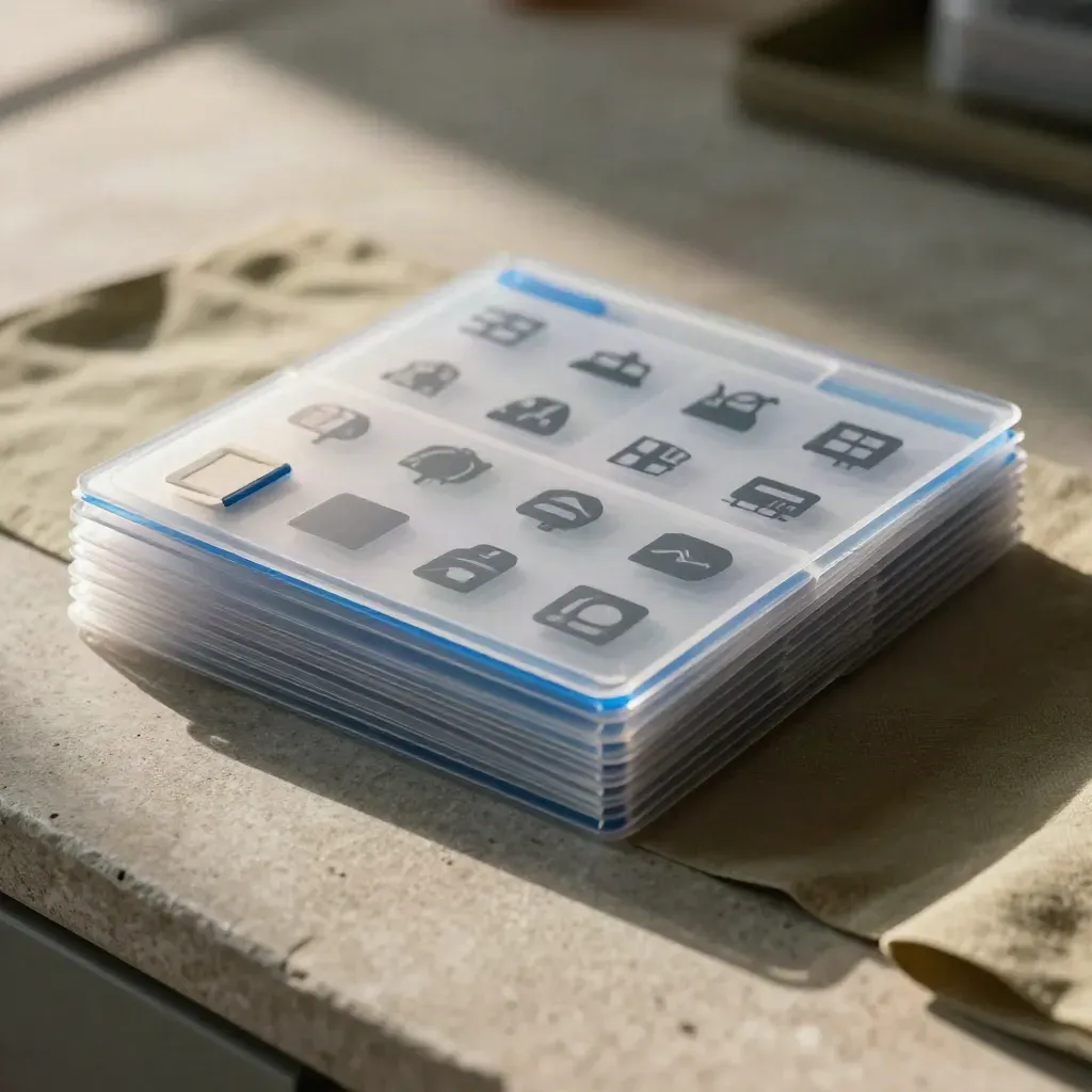 Translucent archival pockets with aligned icon sheets and blue size chips mid-stack.
