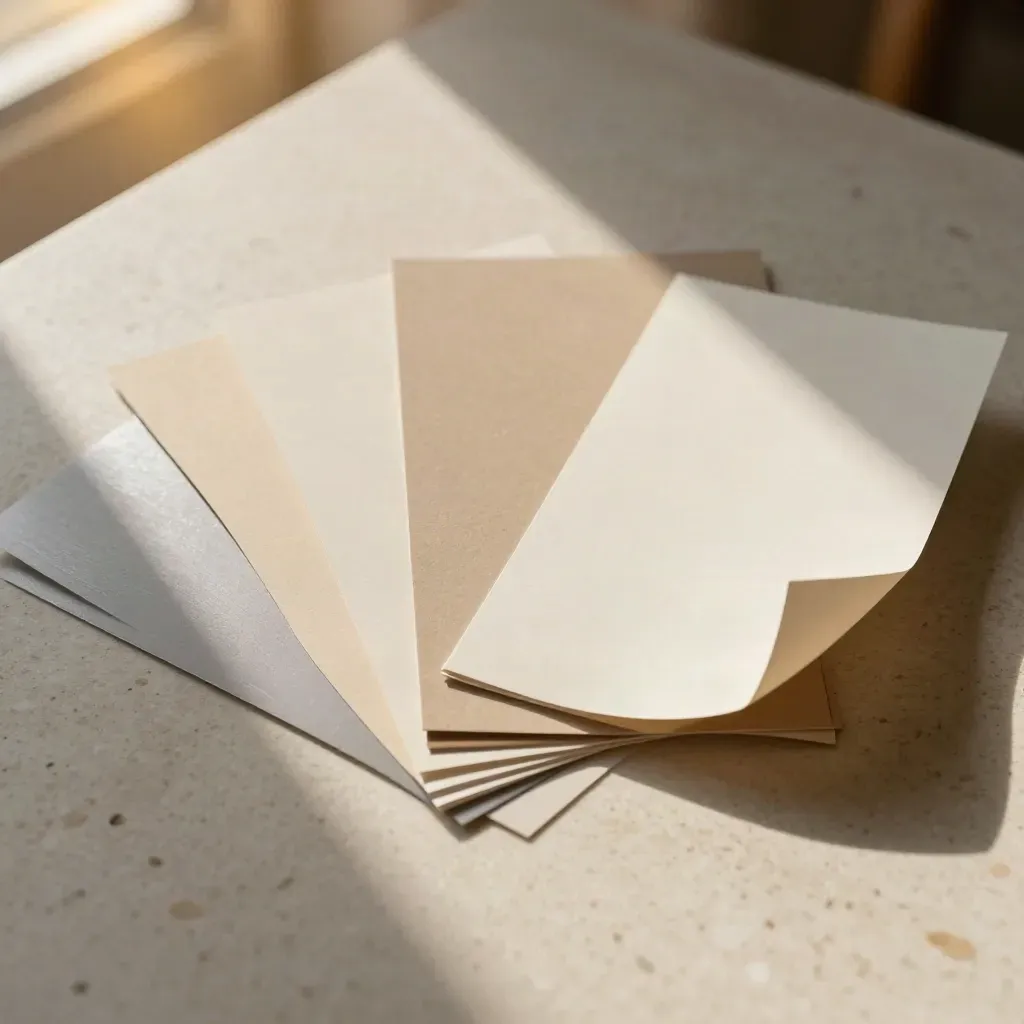 Paper-cut illustration samples and matte boards fanned out on travertine under soft window light.