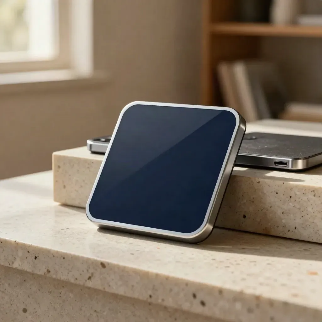 Navy fintech app icon tile in a brushed-aluminum cradle with two older variants behind, sunlit and warm.