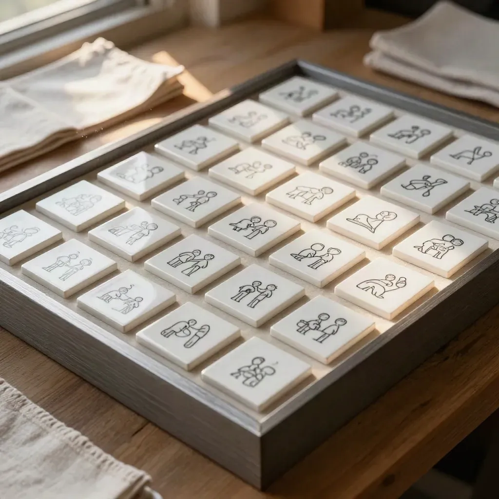 White icon plaques in a modular tray on a warm oak bench with soft sunlight