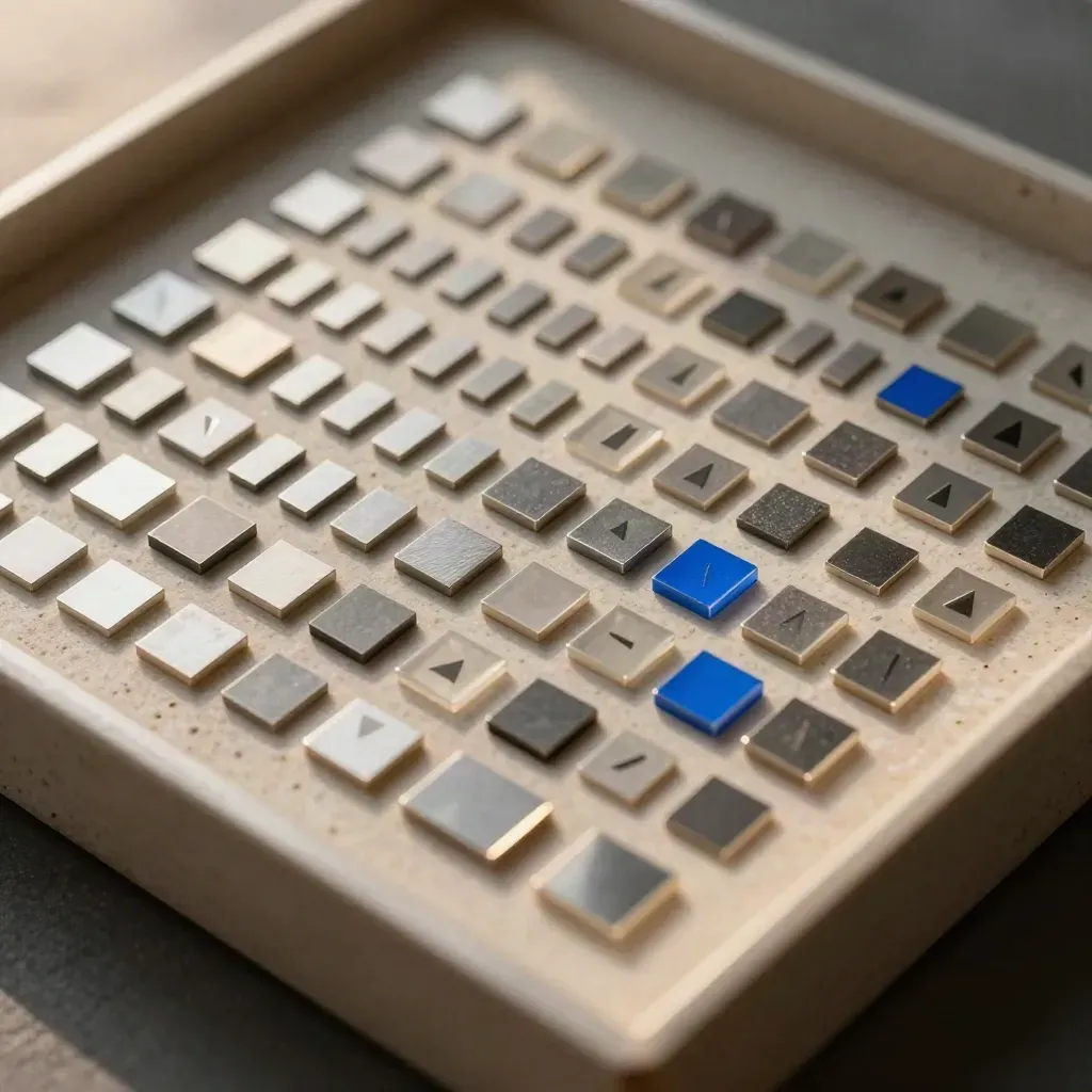 Open case of tiny favicon chips on pale travertine, aligned by size with subtle electric-blue accents.