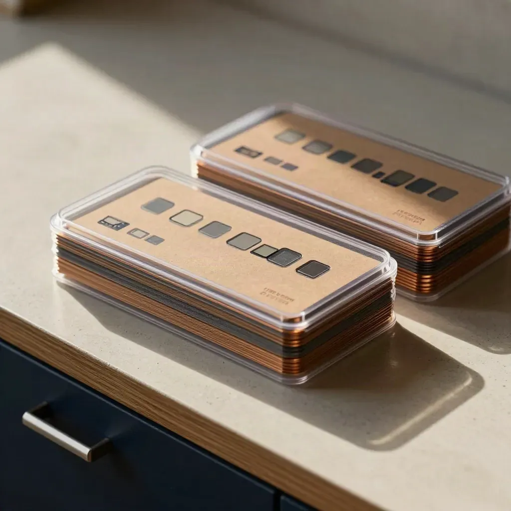 Sealed SVG library case with sleeves and size chips on a plaster workbench.