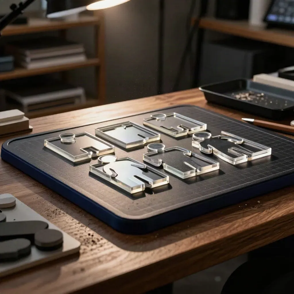A dim icon studio still life with acrylic glyphs on a rubber mat and black tray.