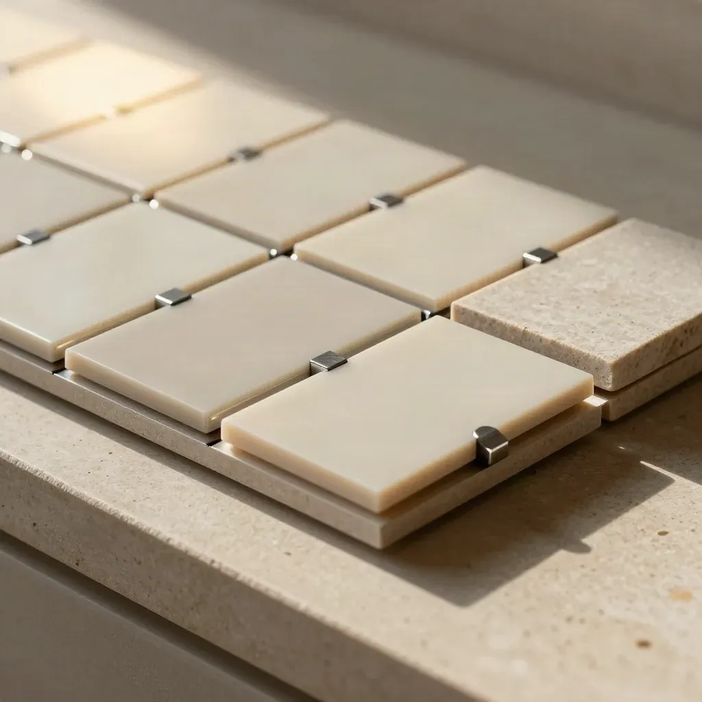 Modular icon tiles, silver spacers, and a notched stone sample in a tight macro still life.