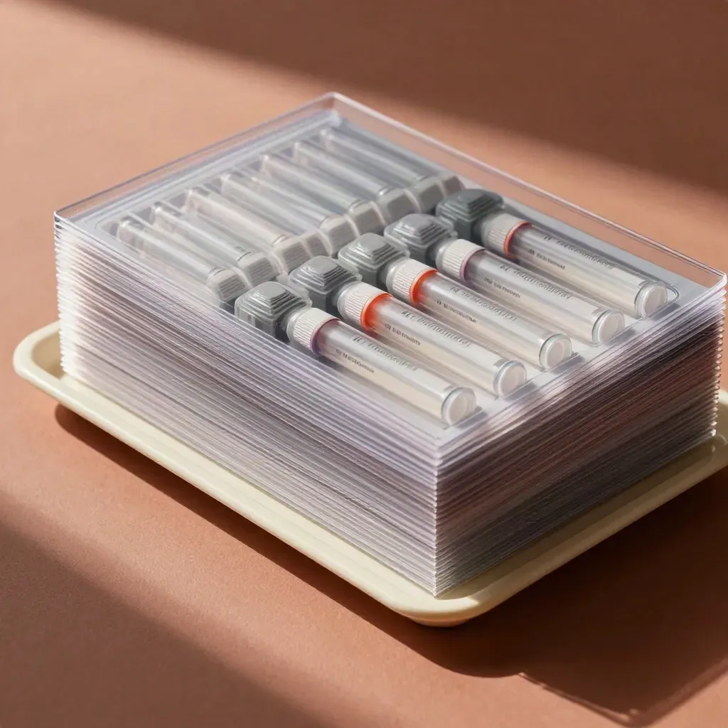Clear sleeves and capped storage tubes arranged on a terracotta surface for icon delivery