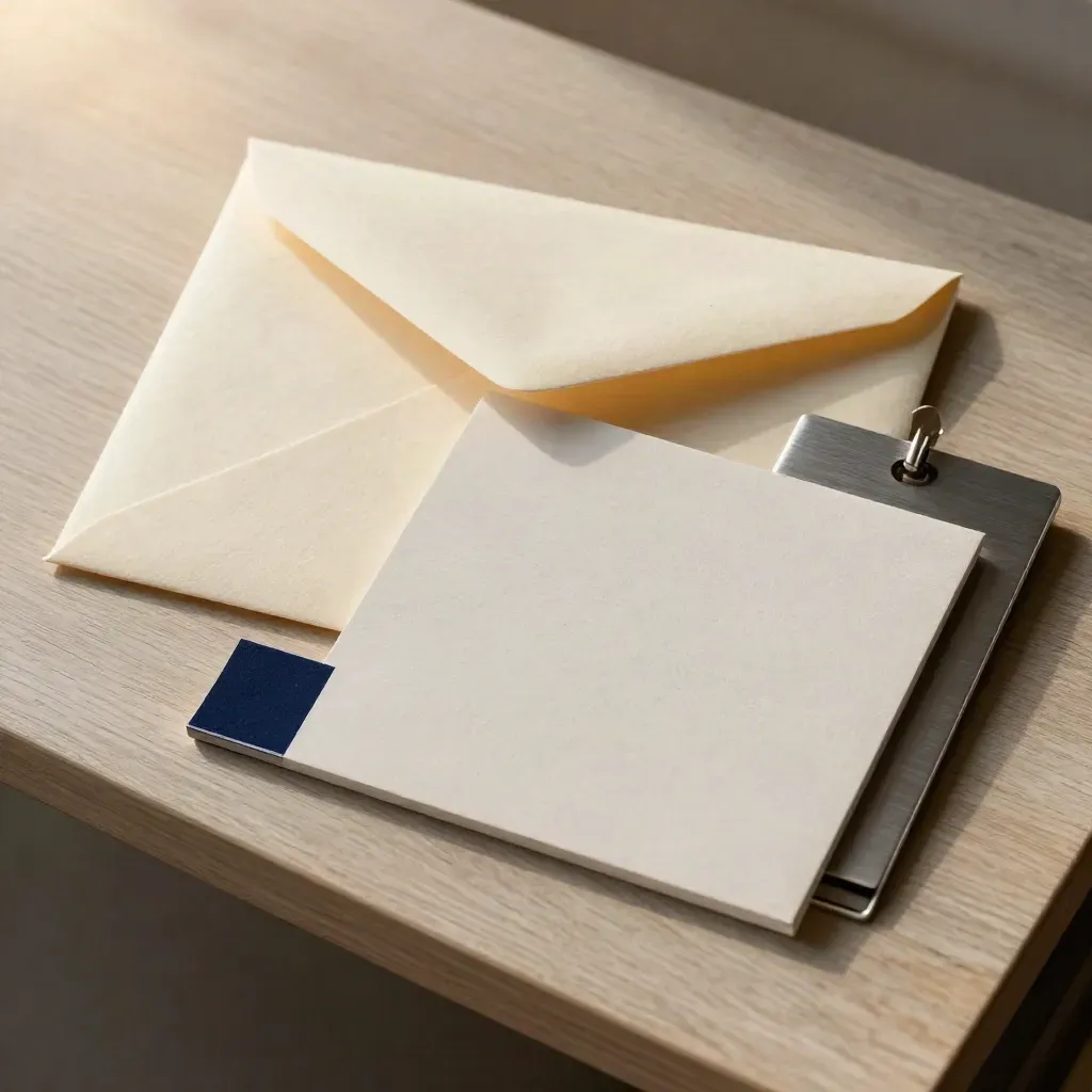 Overhead still-life of a sealed reference envelope, spec card, and tiny icon sample on pale wood.