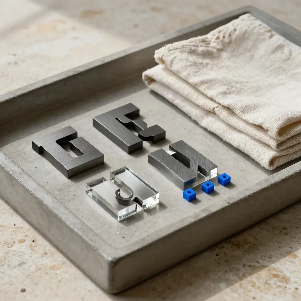 Tray of icon masters, acrylic token, and blue spacer blocks on stone with soft side light.