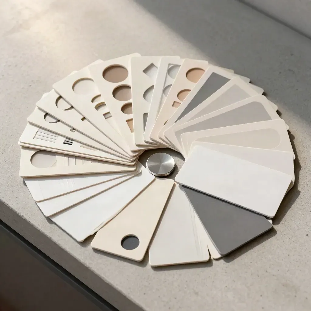 Overhead flatlay of shape-study cards, acrylic strips, and fill tiles on pale concrete.