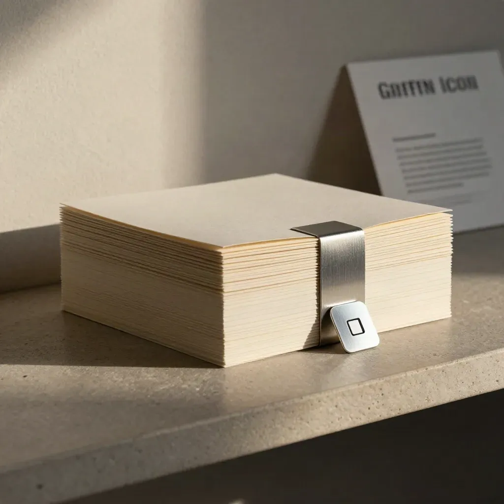 Icon export sleeves, bound sample set, and silver icon chip on a stone shelf