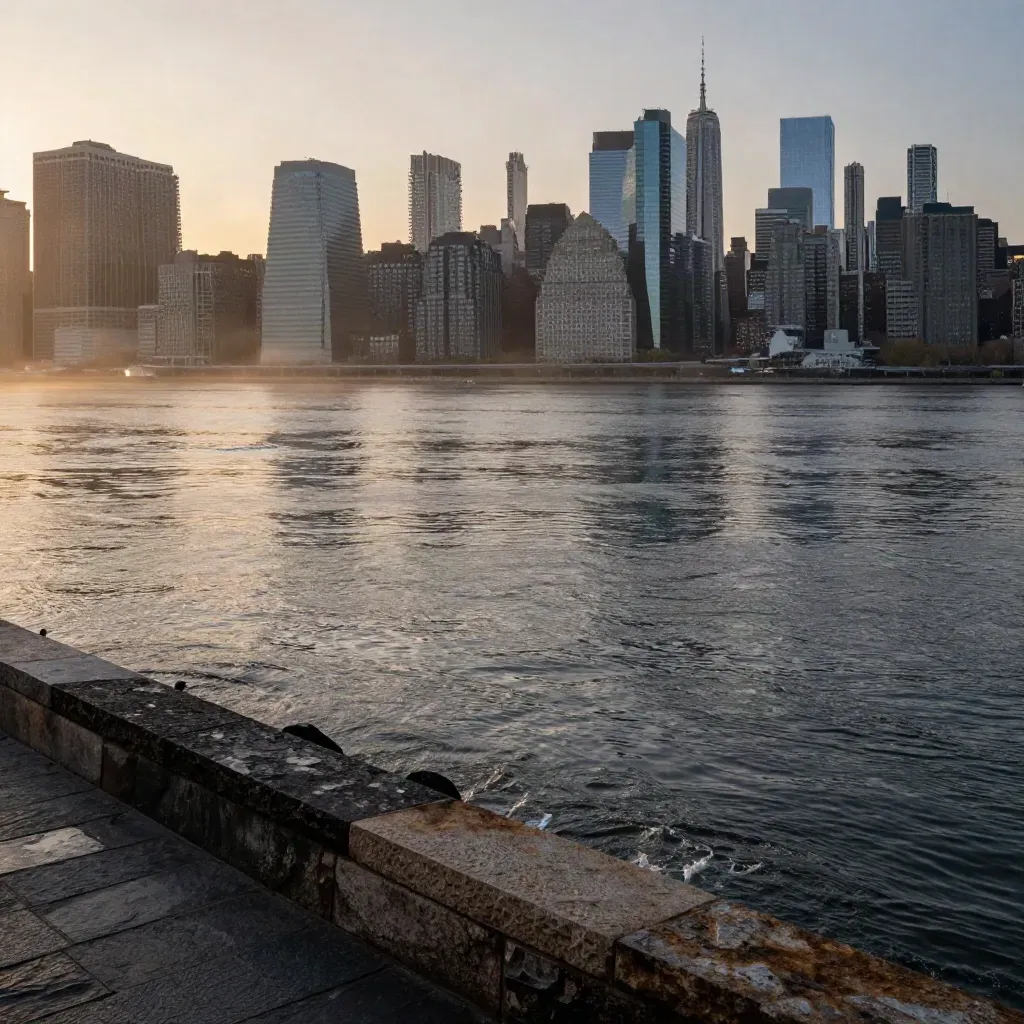 Manhattan skyline above a calm river and stone waterfront at dusk