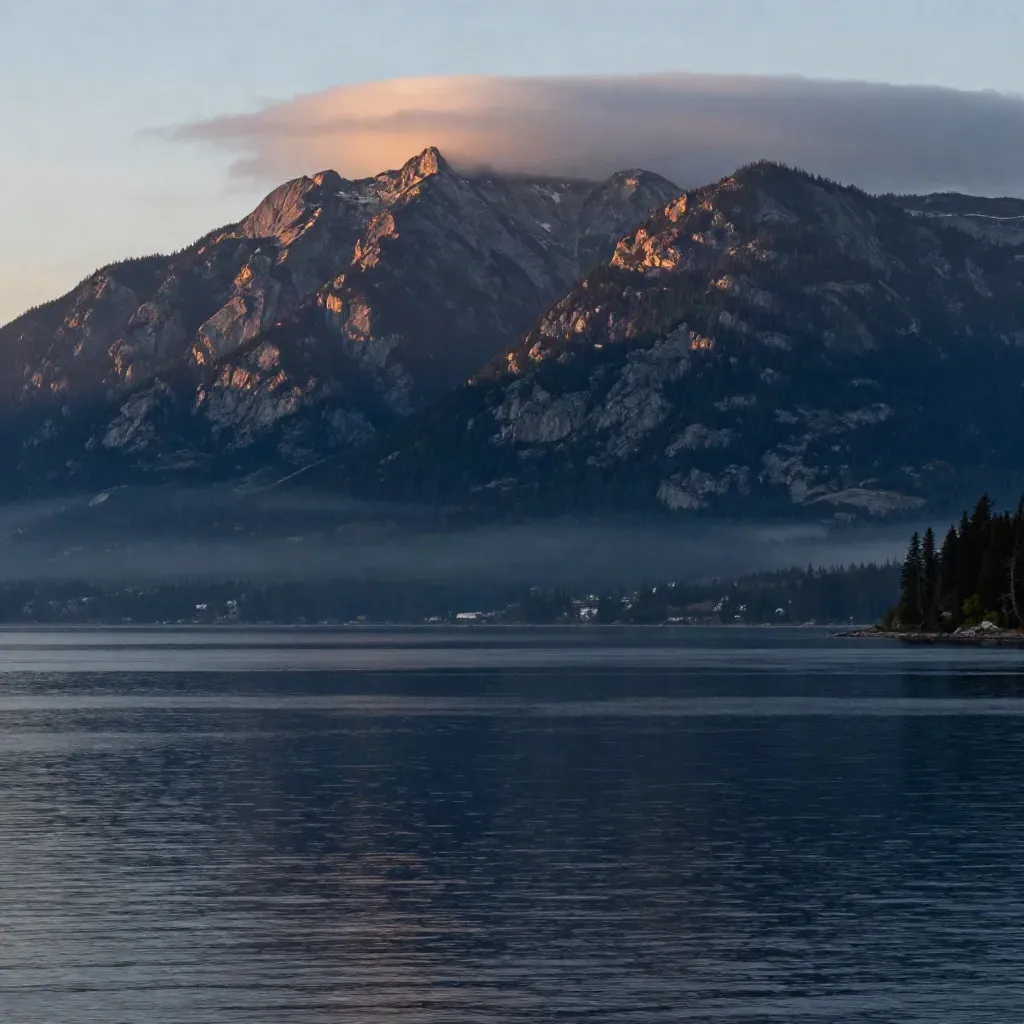 Vancouver harbor at dusk with misty ridge above calm water
