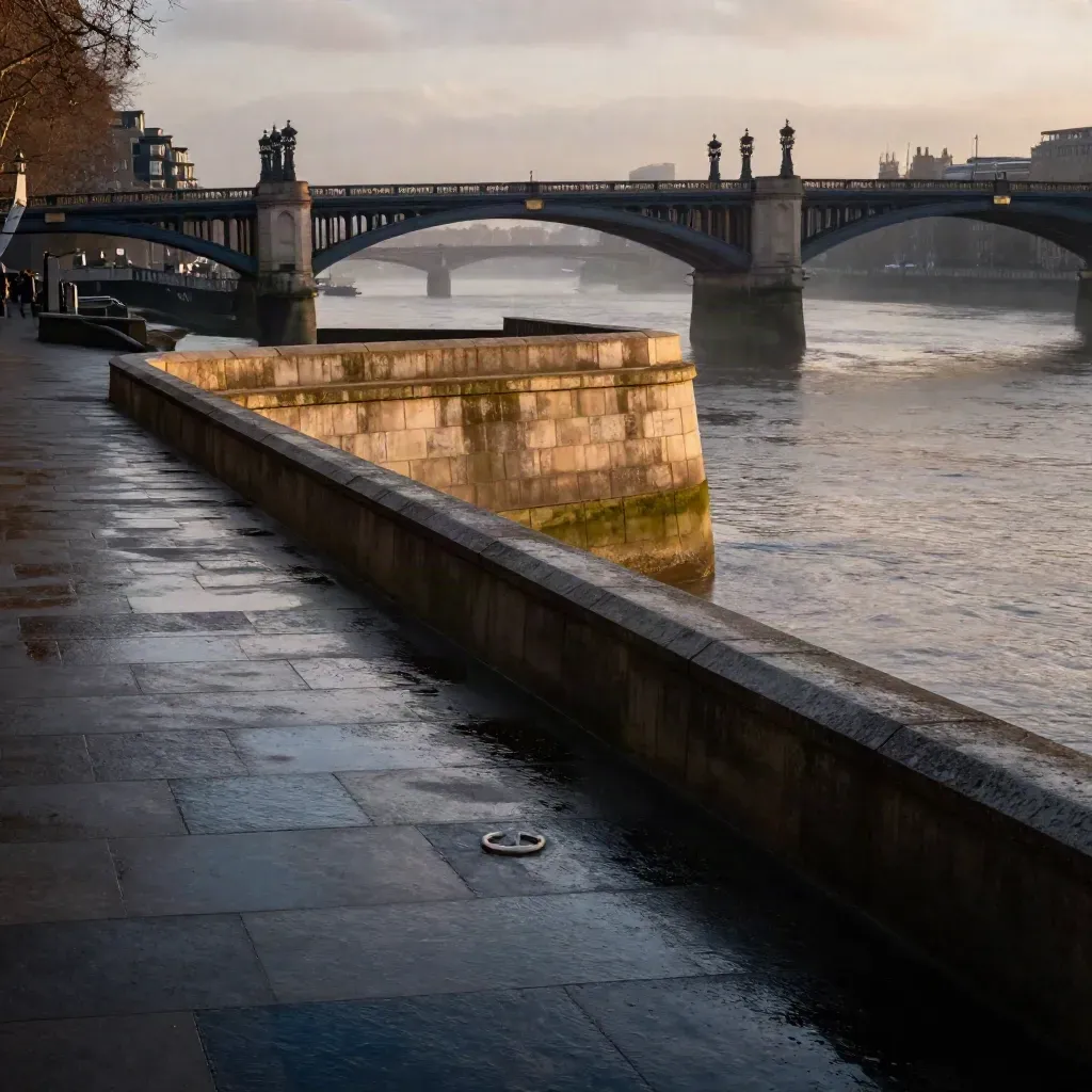 Golden-hour London riverfront with bridge silhouettes, wet stone, haze, and open space for copy
