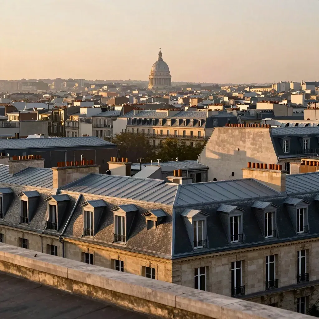 Paris rooftops and a distant dome in warm sunset haze, calm space below for copy