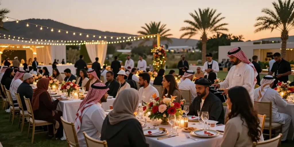 Event rentals for a luxurious outdoor banquet in Saudi Arabia with elegant decor and happy guests.