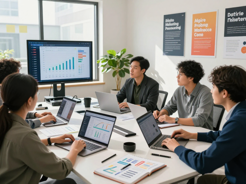 Purchase app installs effectively in a modern marketing meeting with professionals analyzing growth strategies and app rankings.