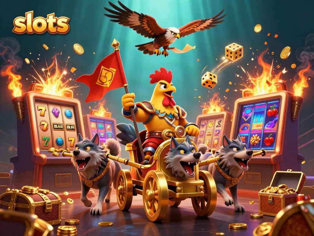 Conquer the reels with dynamic slots action, featuring an energetic rooster warlord and slot symbols.