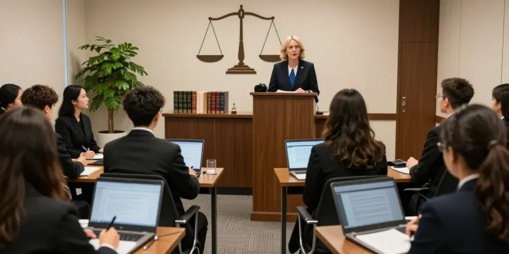 Karen McCleave crown attorney sharing insights at a legal conference for young lawyers.