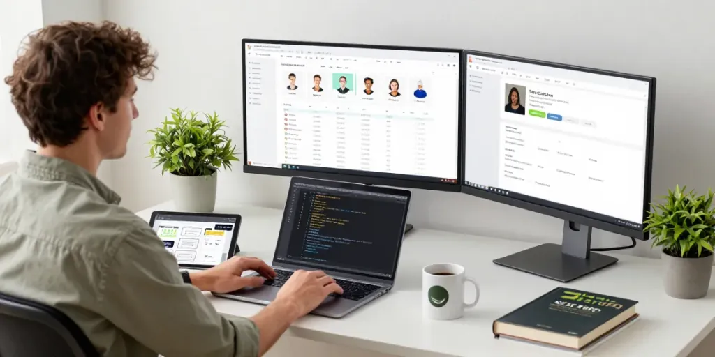 Workspace focused on mvp development service featuring a developer at a desk, engaging in coding with project management tools and UX designs.