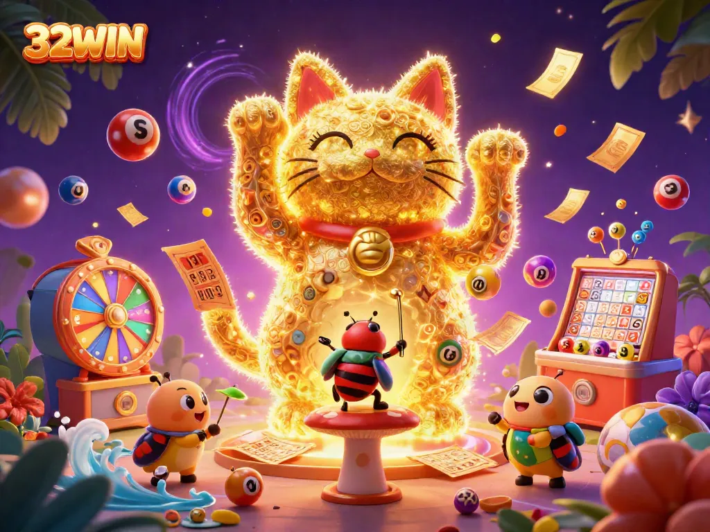 Engaging 32WIN casino scene featuring a lucky cat and vibrant elements, attracting players.
