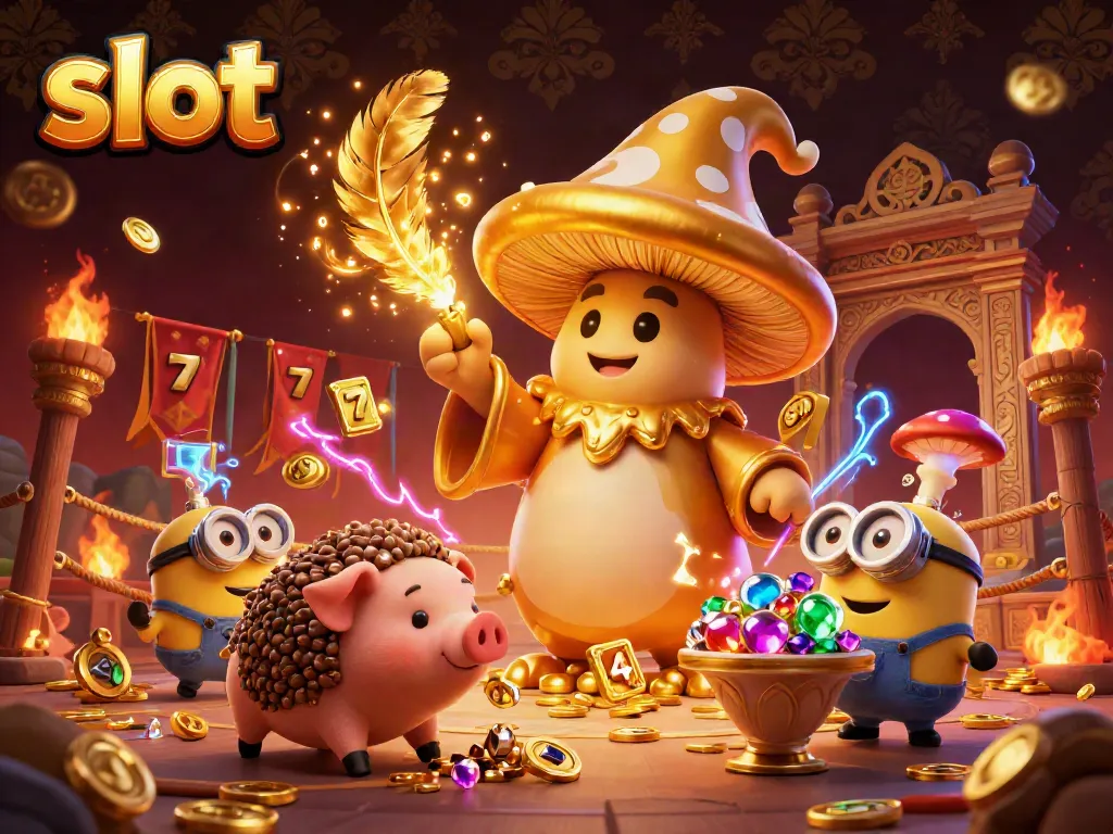 Engage in thrilling slot action with a vibrant scene featuring a mystical mushroom wizard and treasures.